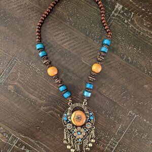 Beaded Boho Tribal Dangle Pendant Necklace Blue Wood Bells Statement Festival